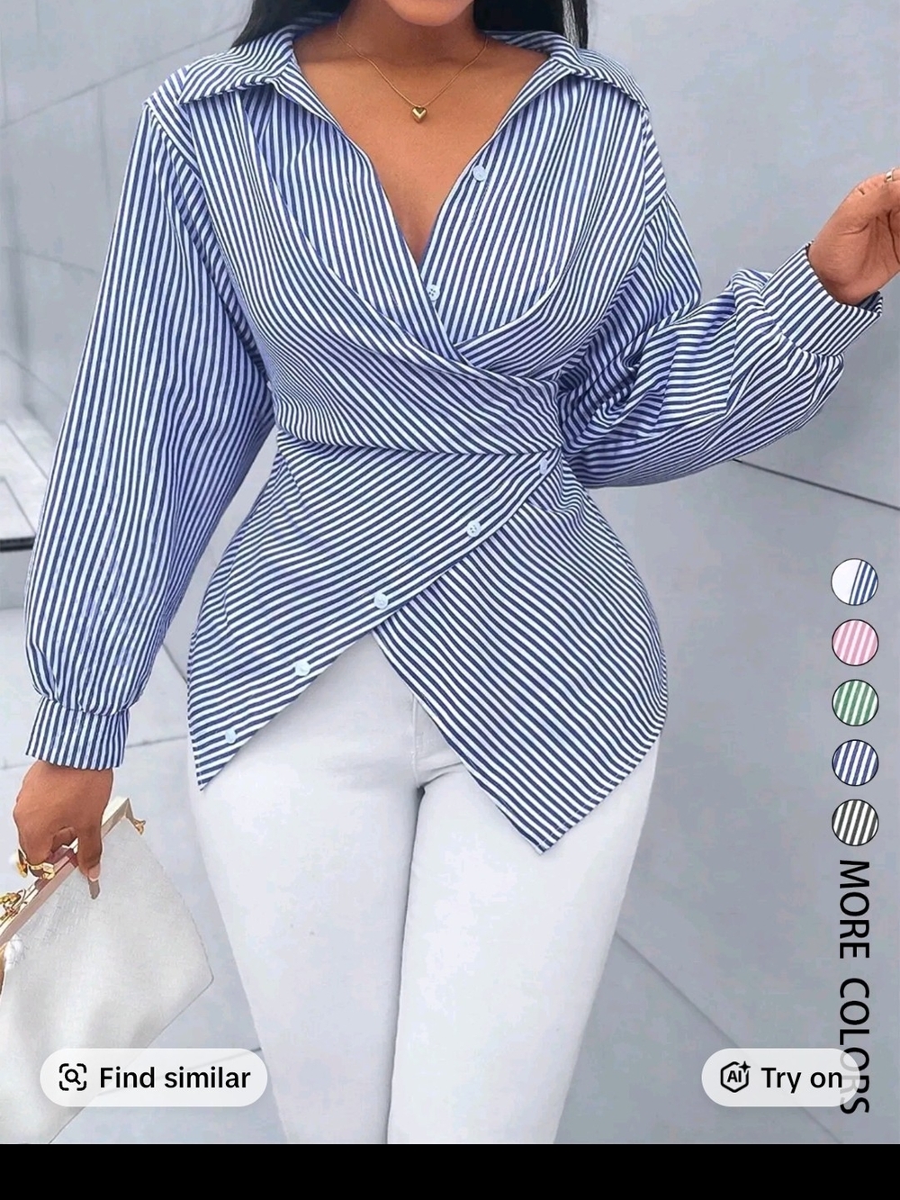 Striped Wrap Button-Front Blouse in Navy and White
